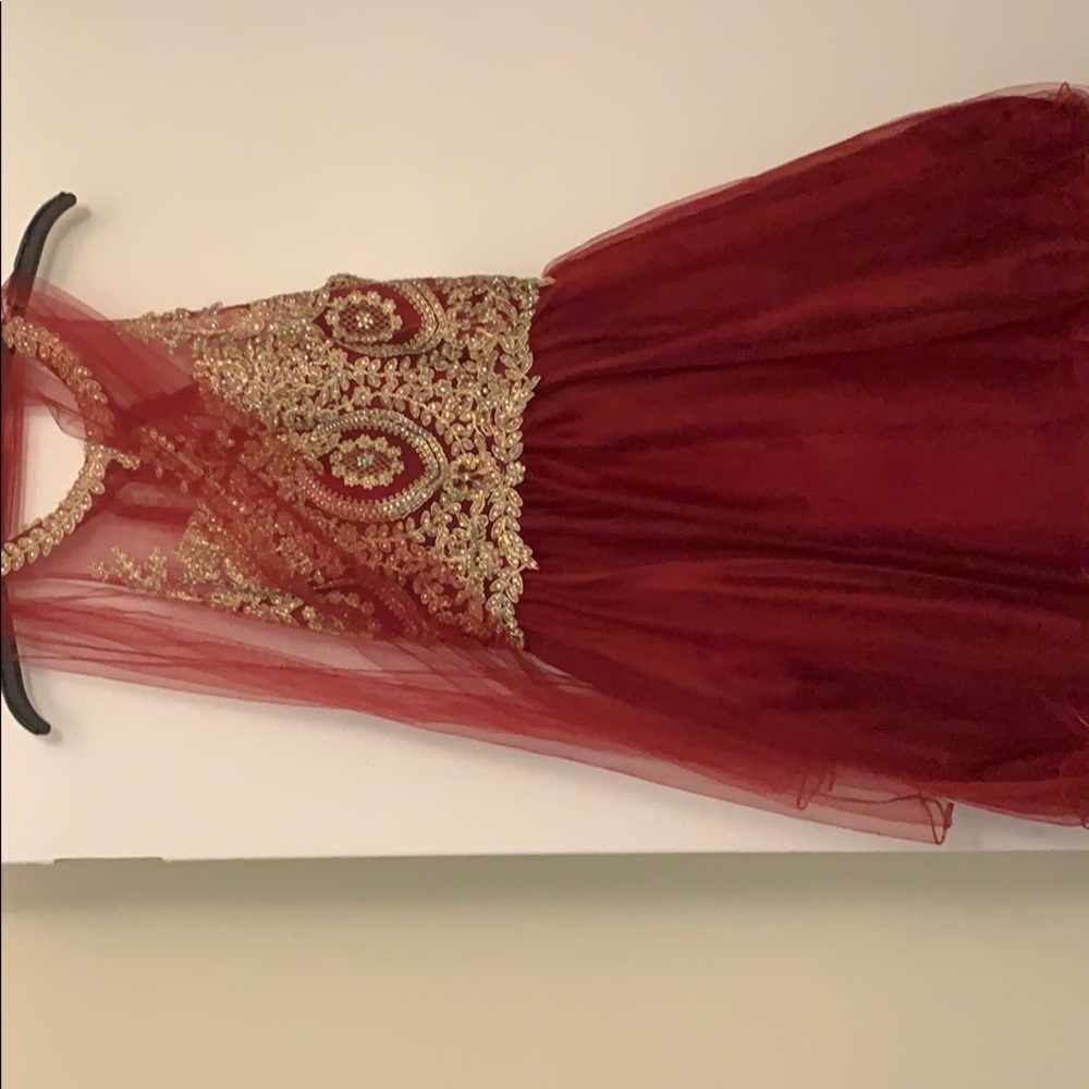 Short Burgundy & Gold Prom Dress